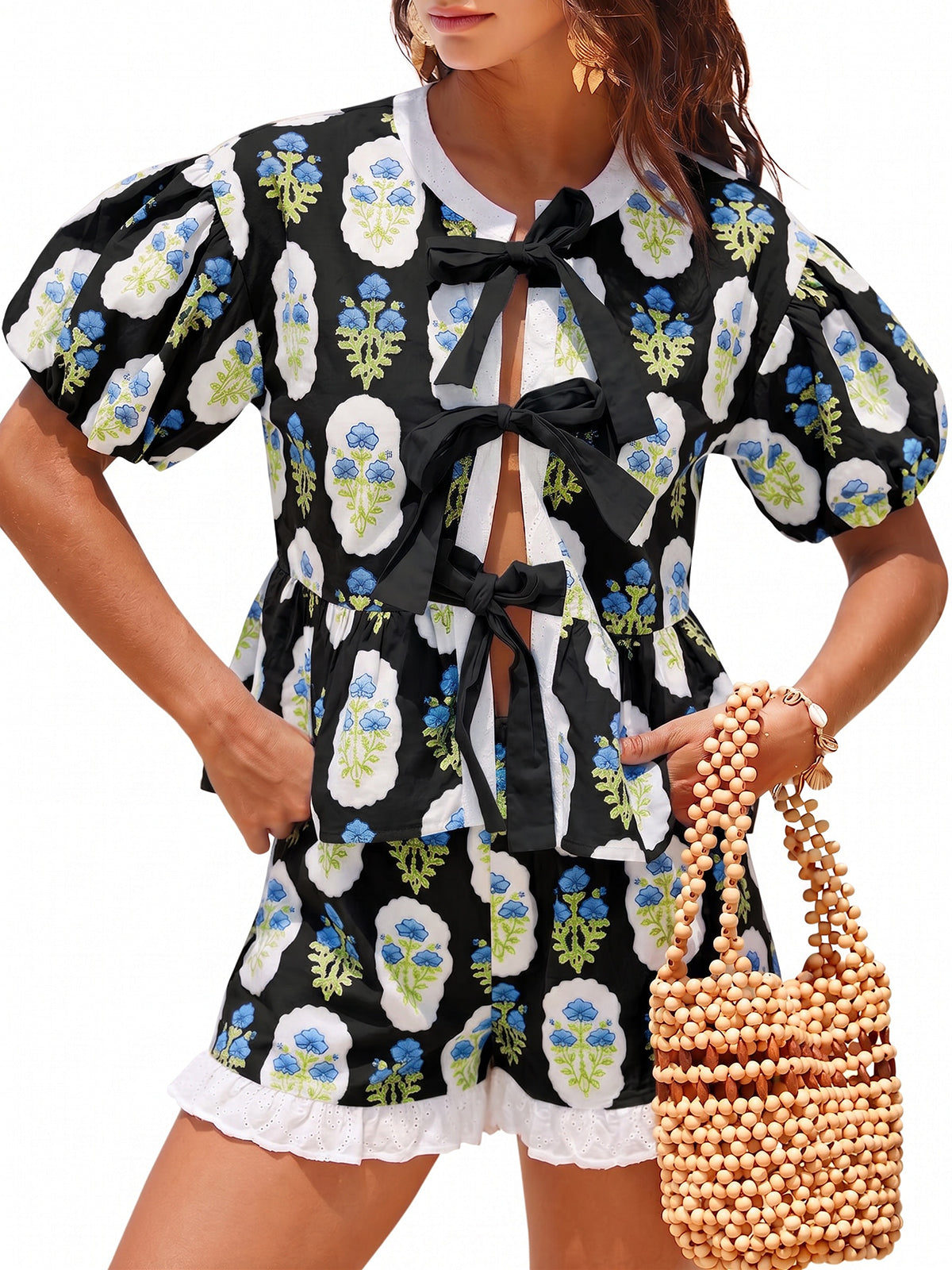 Aoysky Womens Black Floral Ruffle Short Set
