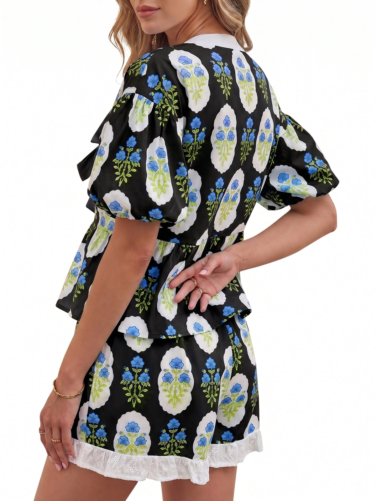Aoysky Womens Black Floral Ruffle Short Set