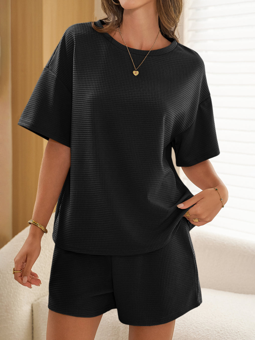 Aoysky Womens Black Waffle Knit Short Set