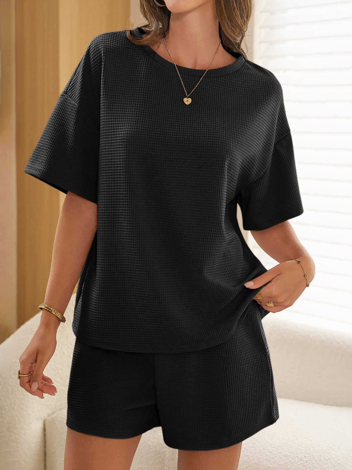 Aoysky Womens Black Waffle Knit Short Set