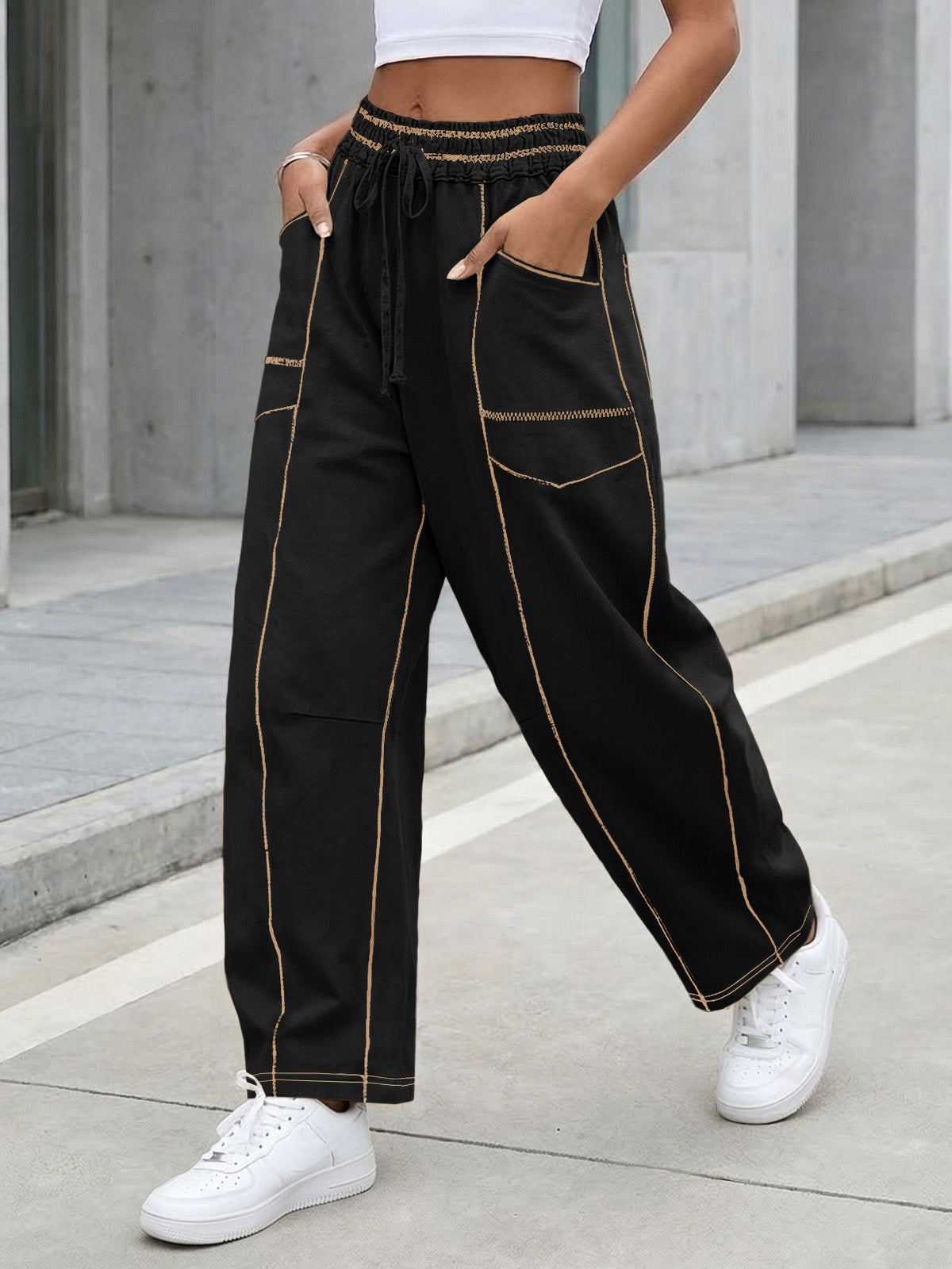 Aoysky Womens Black Wide Leg Barrel Pants
