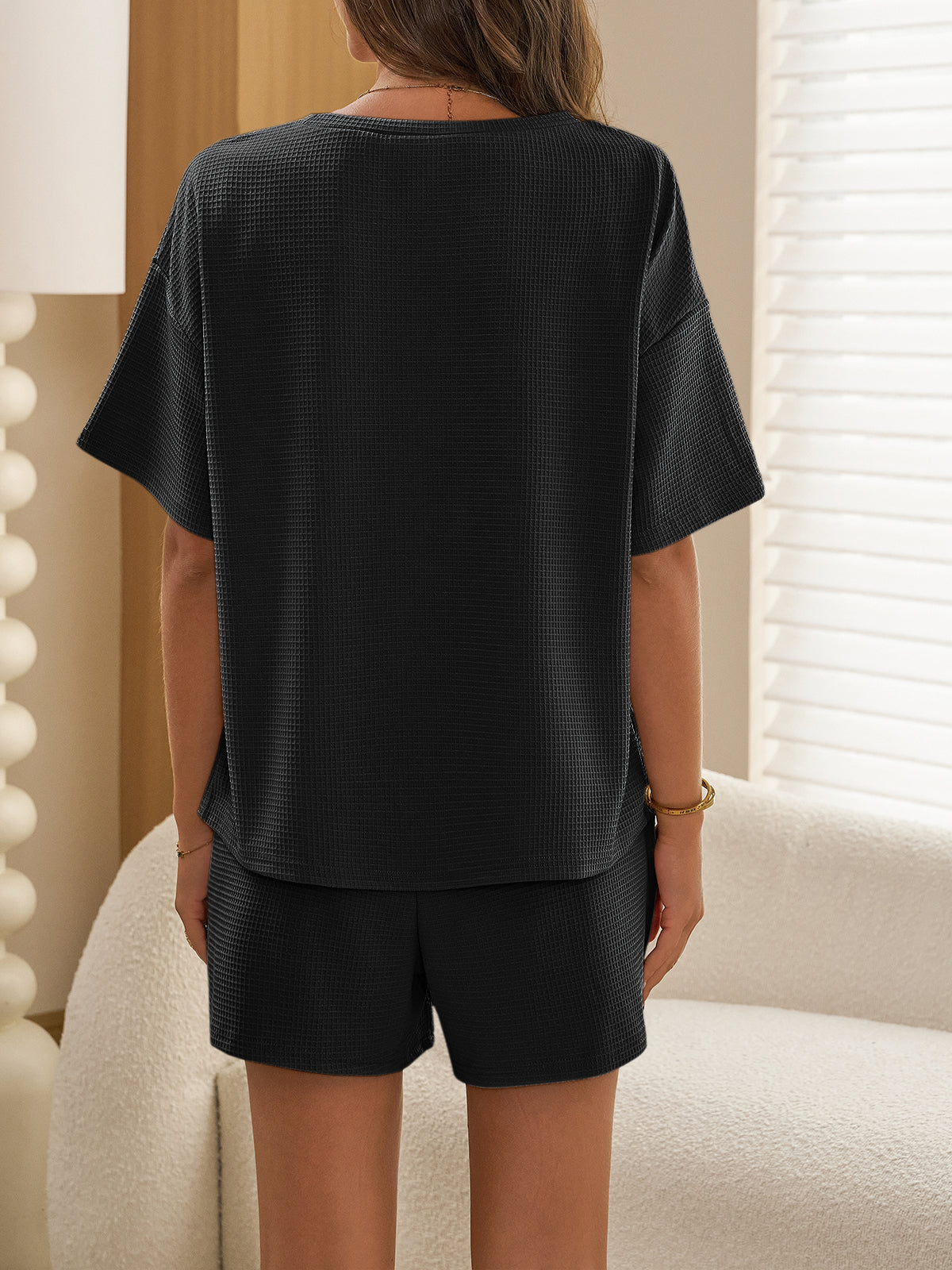 Aoysky Womens Black Waffle Knit Short Set