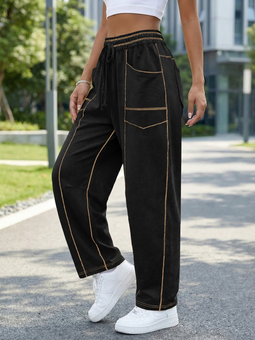 Aoysky Womens Black Wide Leg Barrel Pants