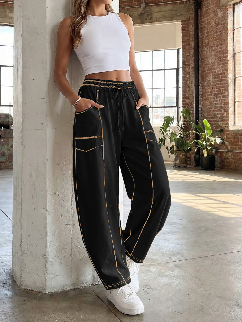 Aoysky Womens Black Wide Leg Barrel Pants