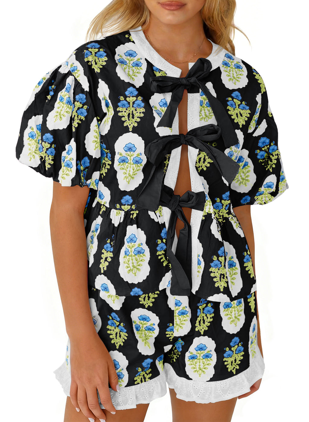 Aoysky Womens Black Floral Ruffle Short Set