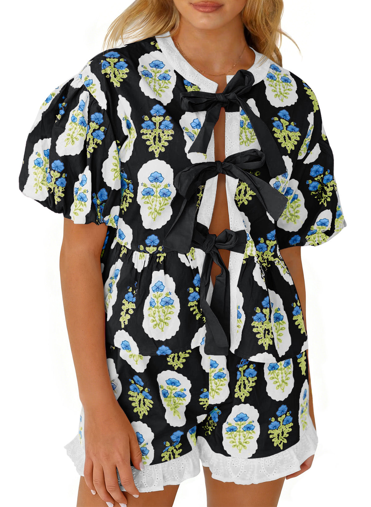 Aoysky Womens Black Floral Ruffle Short Set