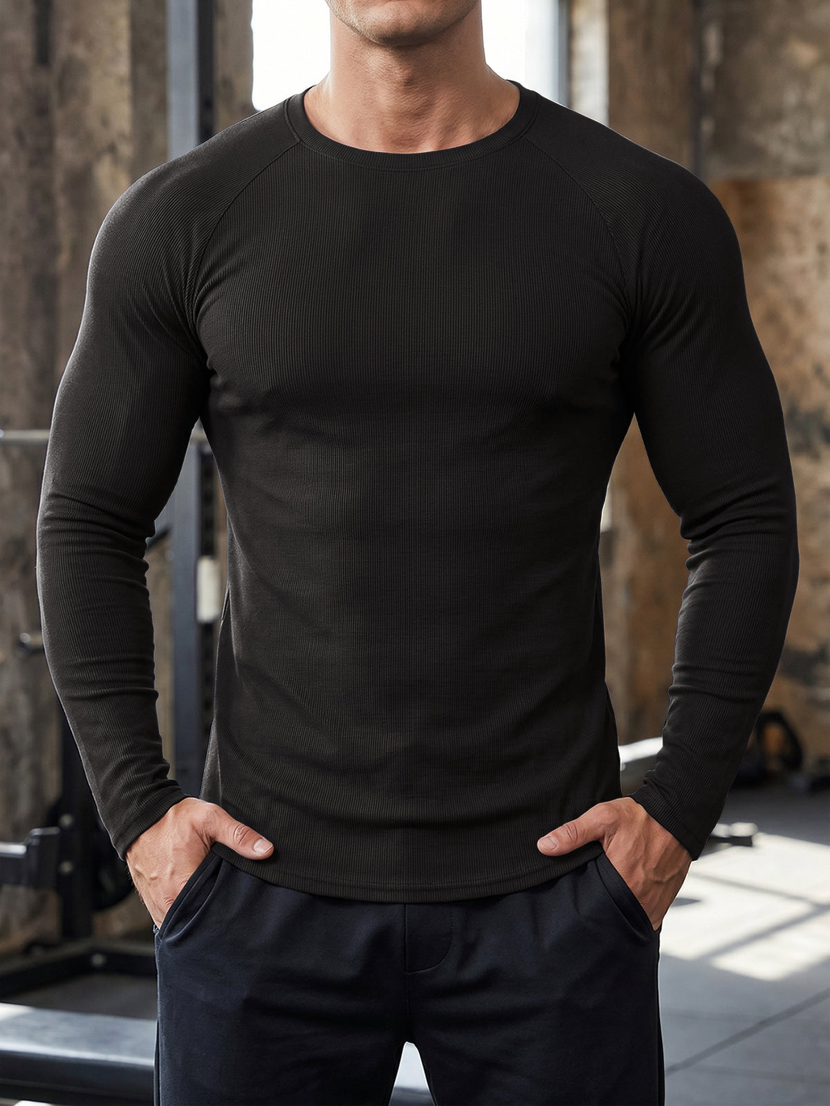 Aoysky Mens Black Ribbed Workout Shirt