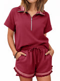 Aoysky Womens Burgundy Ruffle Short Set
