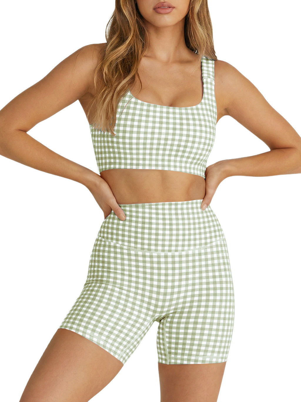 Aoysky Womens Army Green Gingham Workout Set