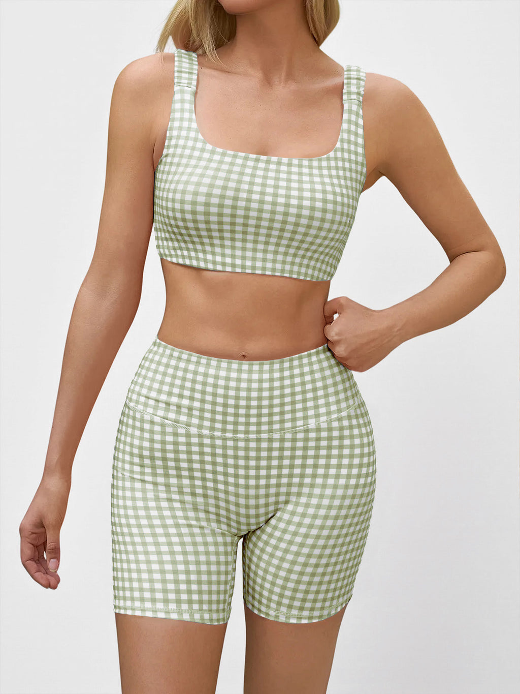 Aoysky Womens Army Green Gingham Workout Set