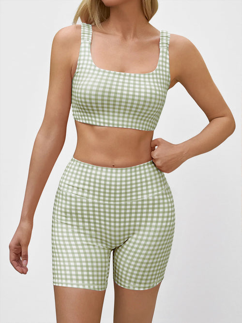 Aoysky Womens Army Green Gingham Workout Set
