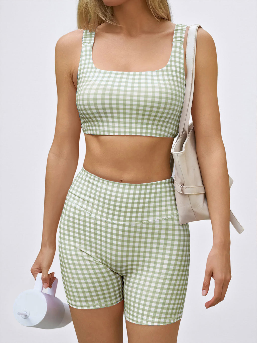 Aoysky Womens Army Green Gingham Workout Set