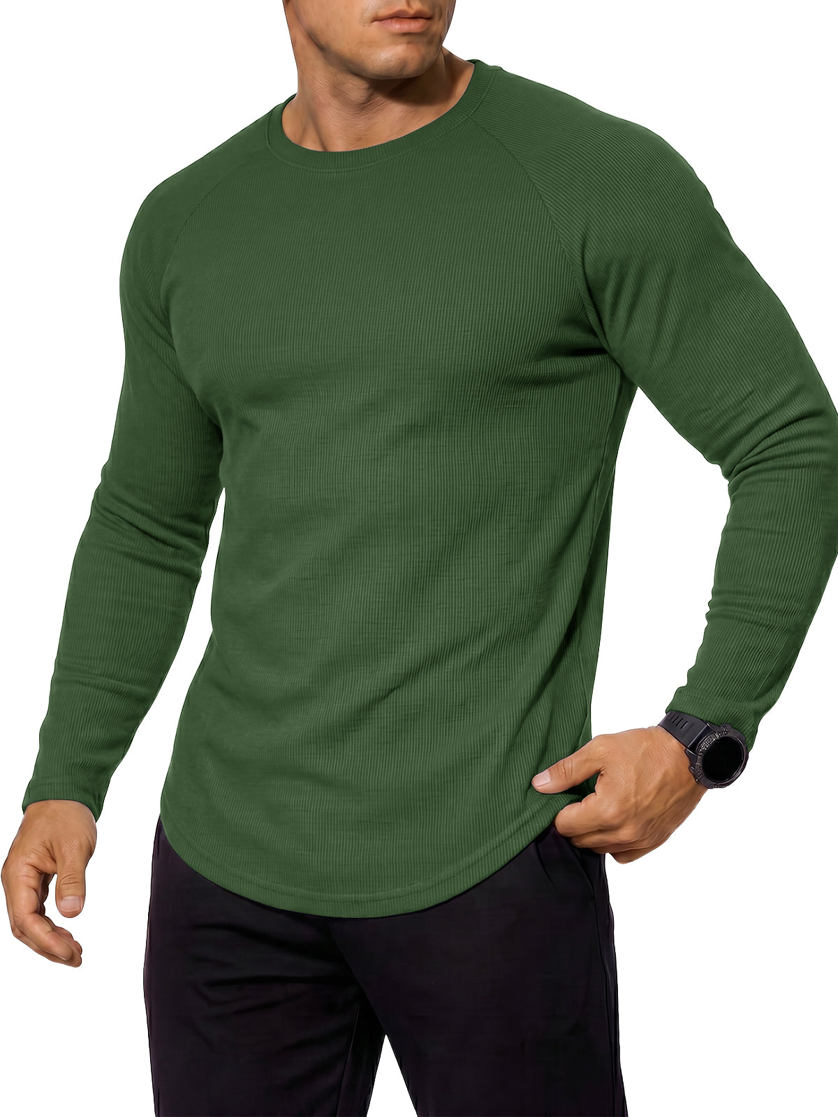 Aoysky Mens Army Green Ribbed Workout Shirt