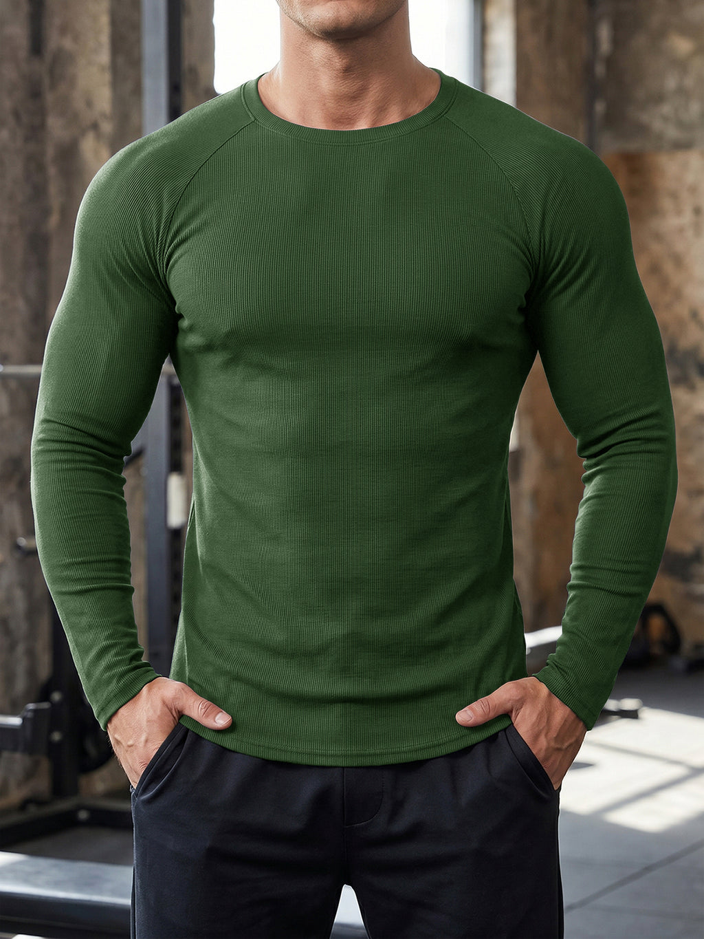 Aoysky Mens Army Green Ribbed Workout Shirt