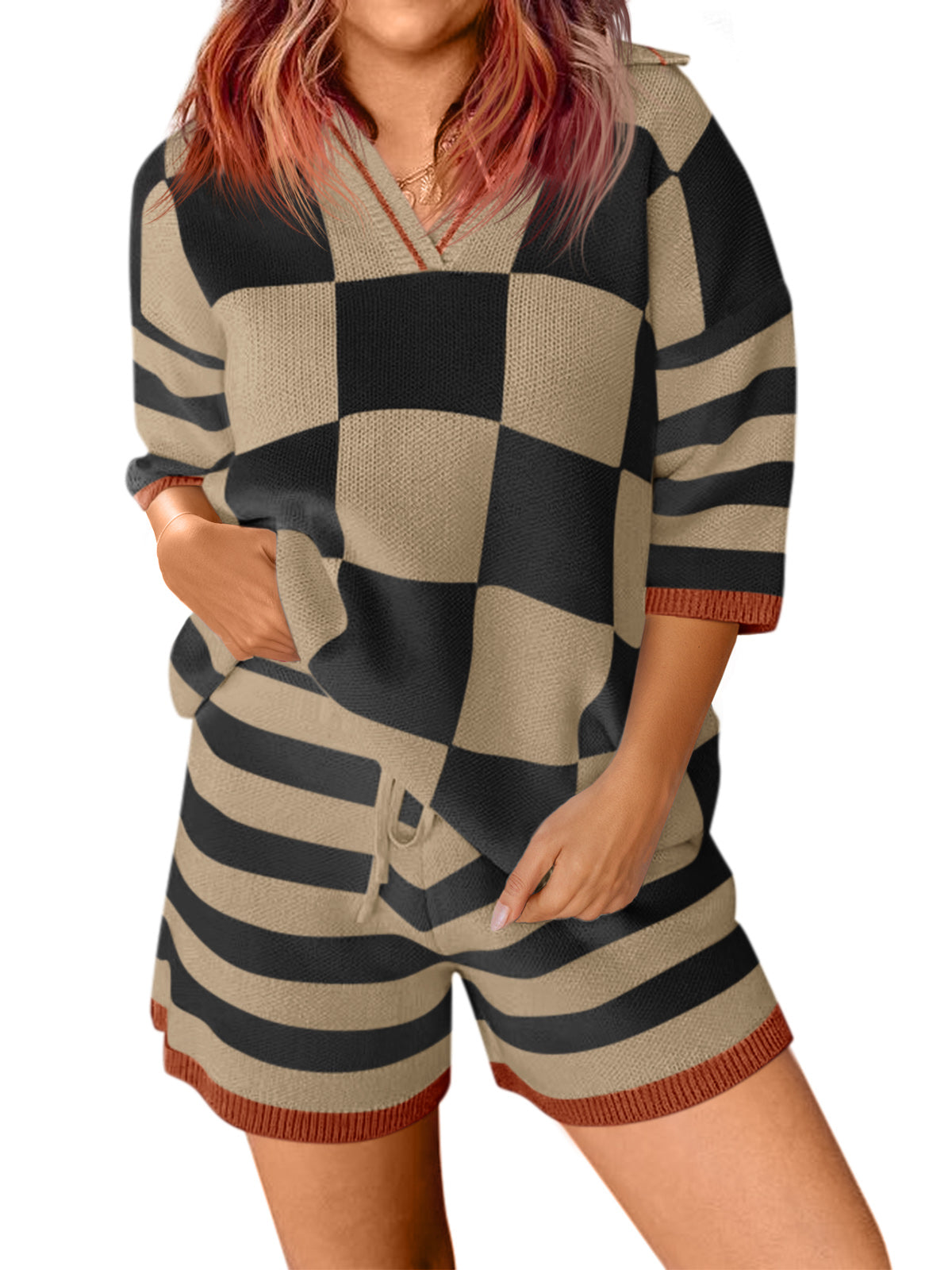 Aoysky Womens Khaki Striped Knit Short Set