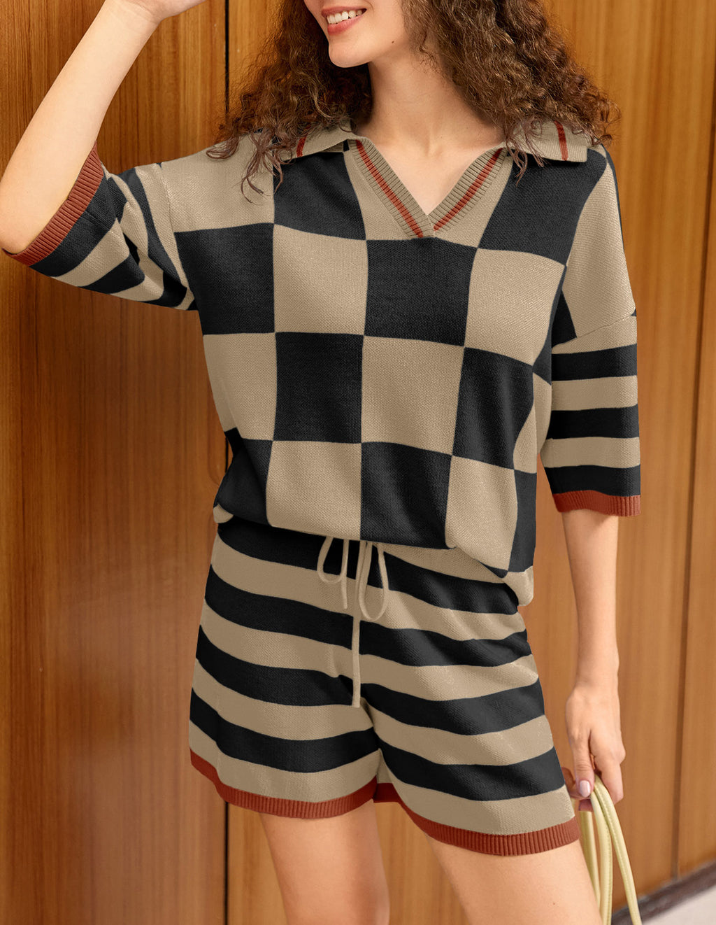 Aoysky Womens Khaki Striped Knit Short Set