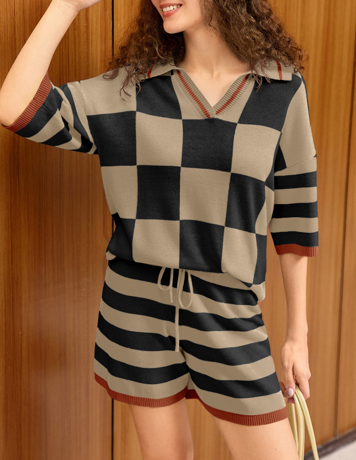 Aoysky Womens Khaki Striped Knit Short Set