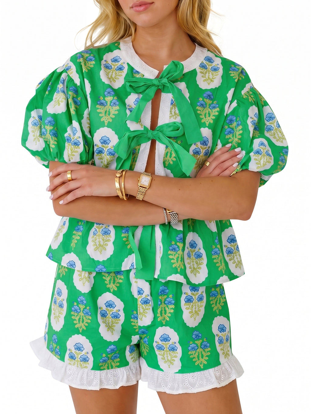 Aoysky Womens Green Floral Ruffle Short Set