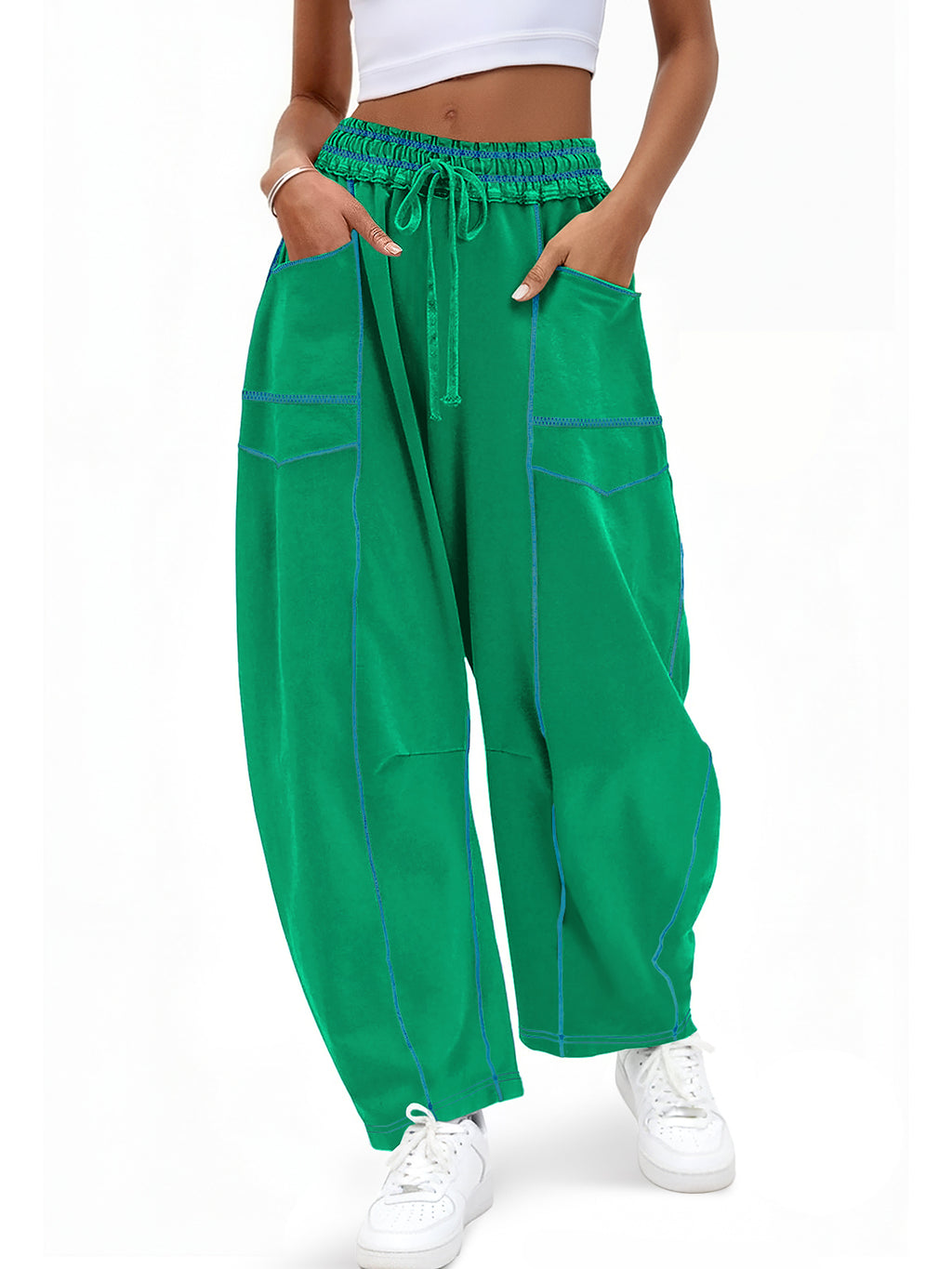 Aoysky Womens Green Wide Leg Barrel Pants