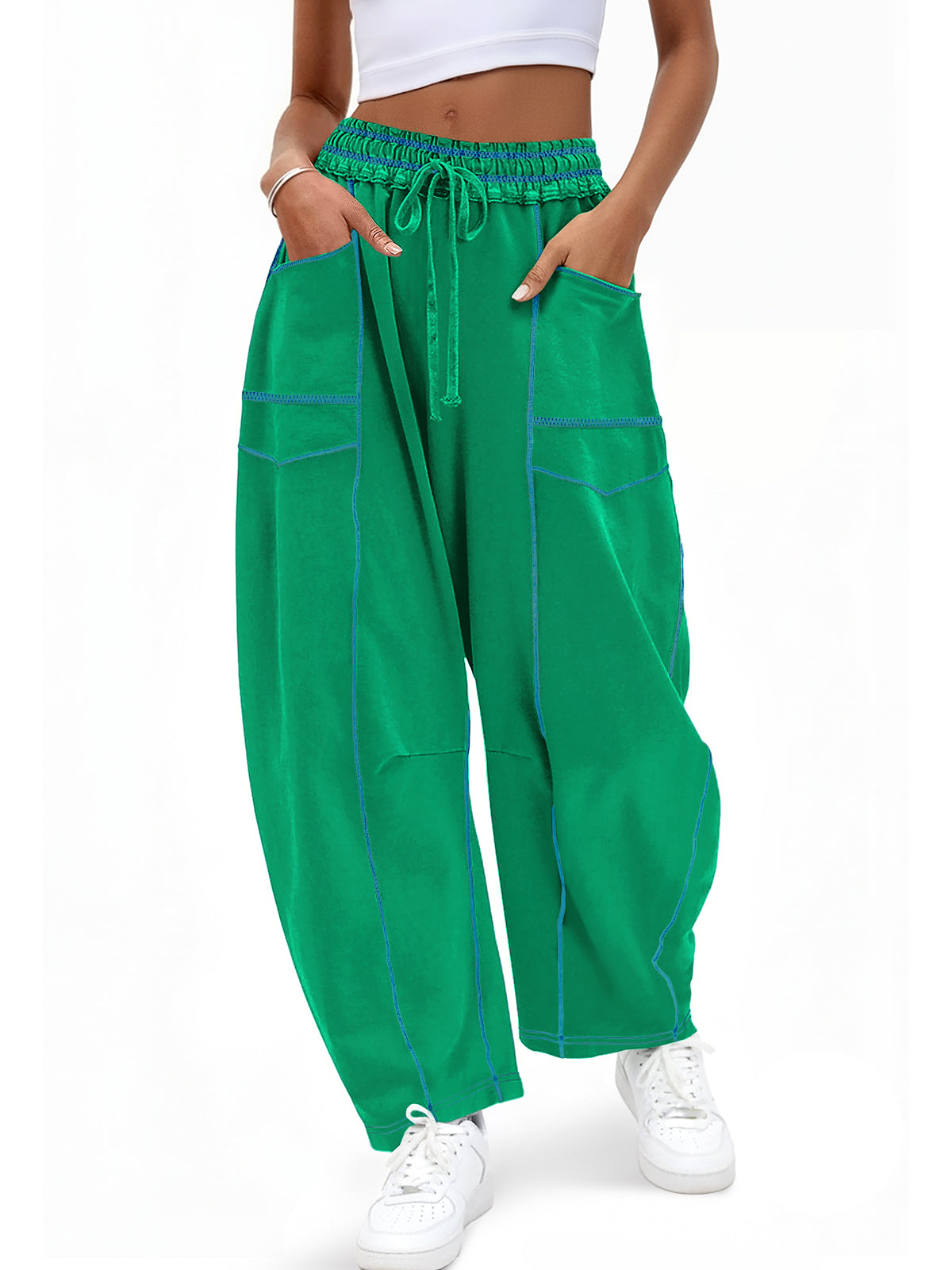 Aoysky Womens Green Wide Leg Barrel Pants