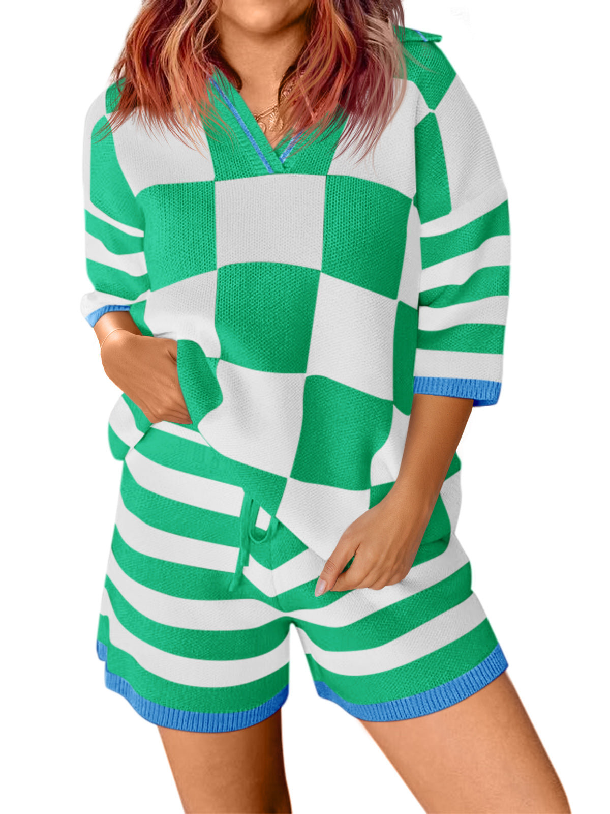 Aoysky Womens Green Striped Knit Short Set
