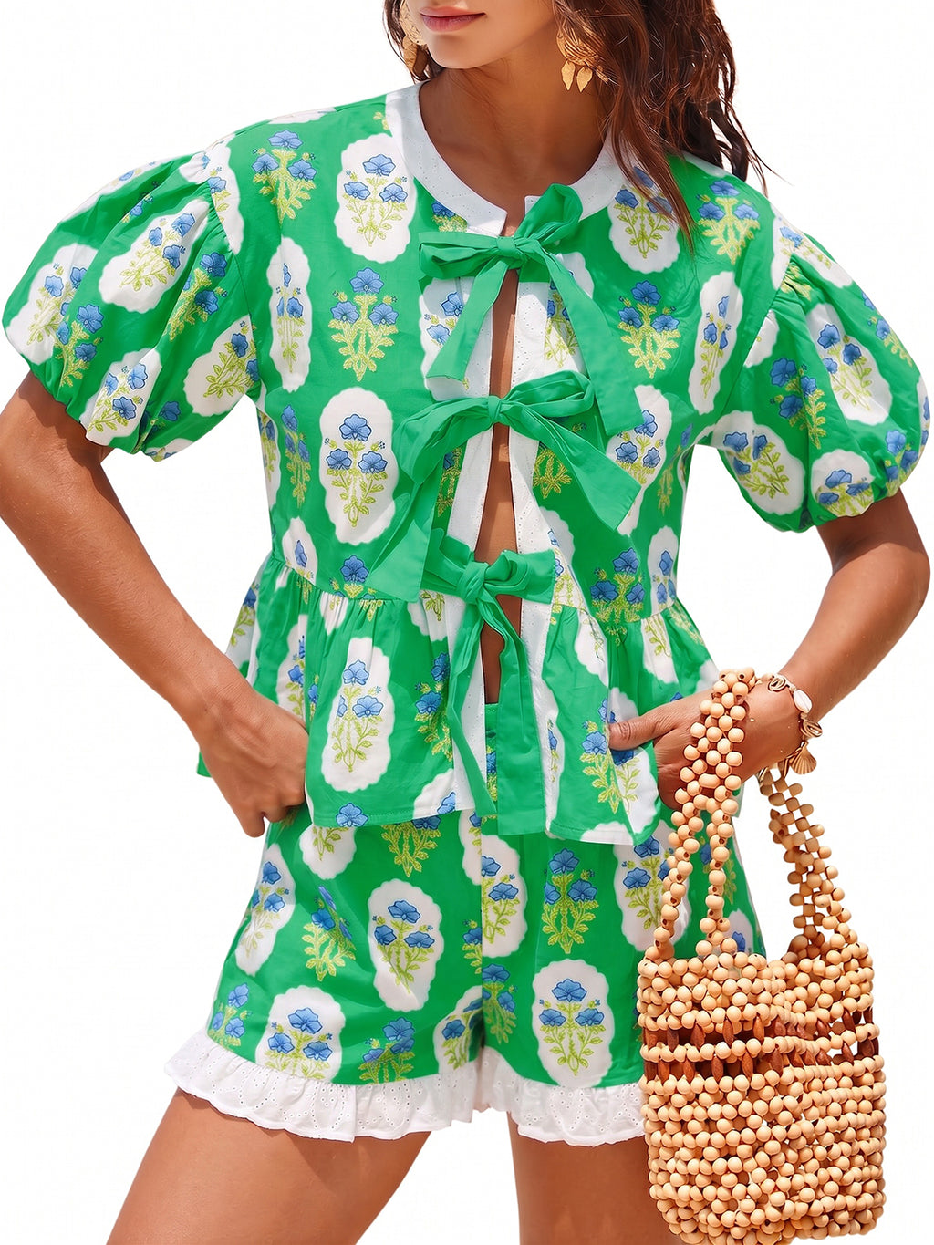 Aoysky Womens Green Floral Ruffle Short Set