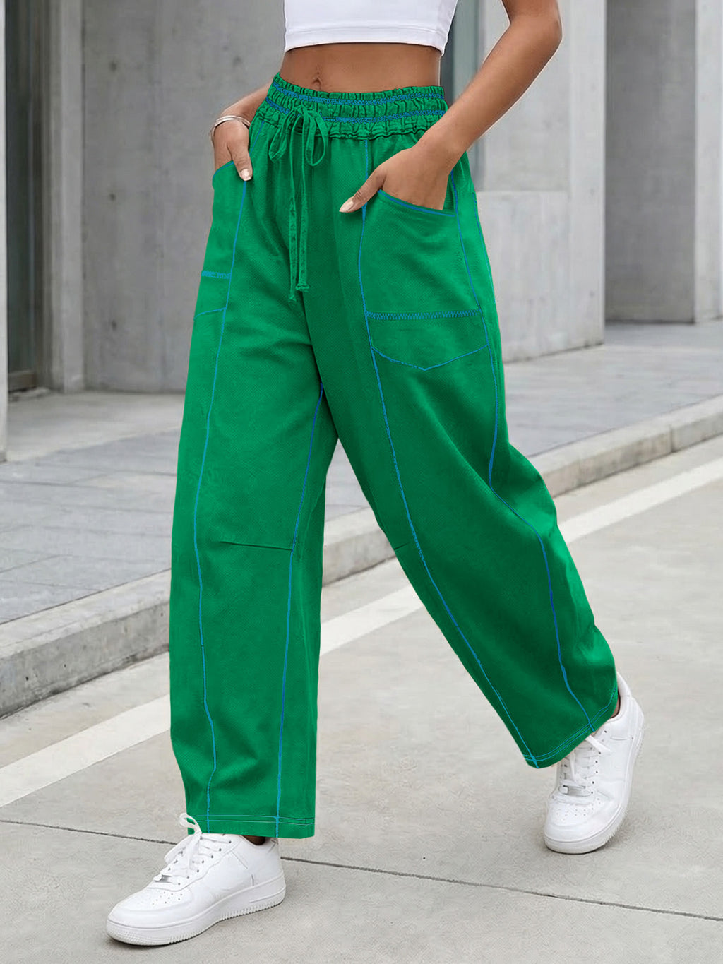 Aoysky Womens Green Wide Leg Barrel Pants