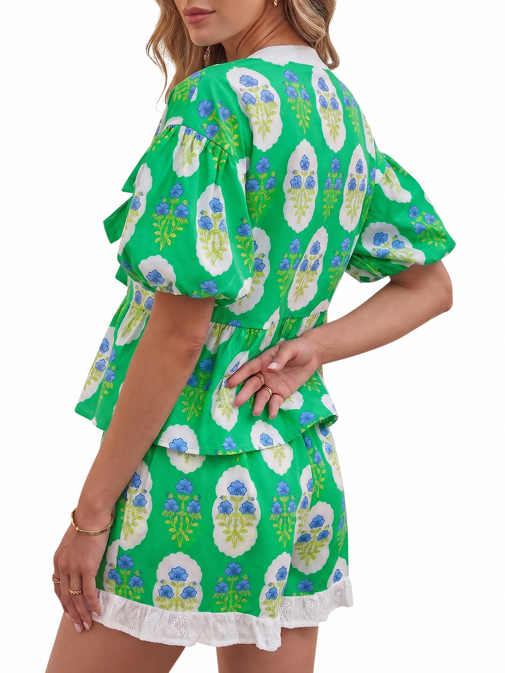 Aoysky Womens Green Floral Ruffle Short Set
