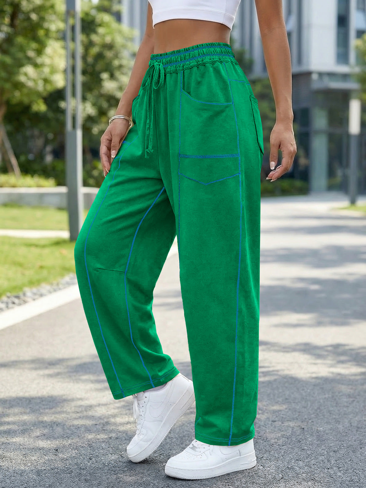 Aoysky Womens Green Wide Leg Barrel Pants