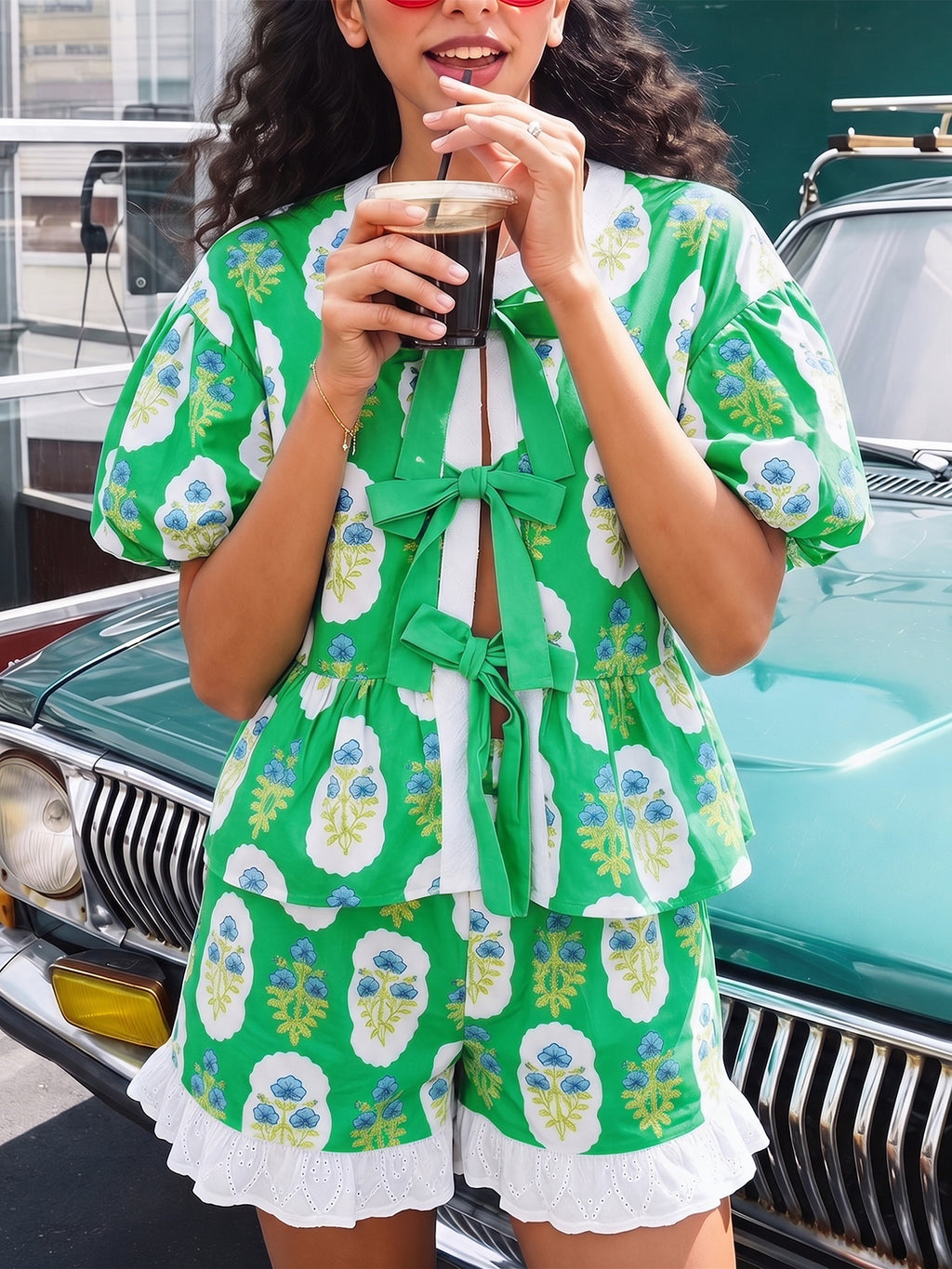 Aoysky Womens Green Floral Ruffle Short Set