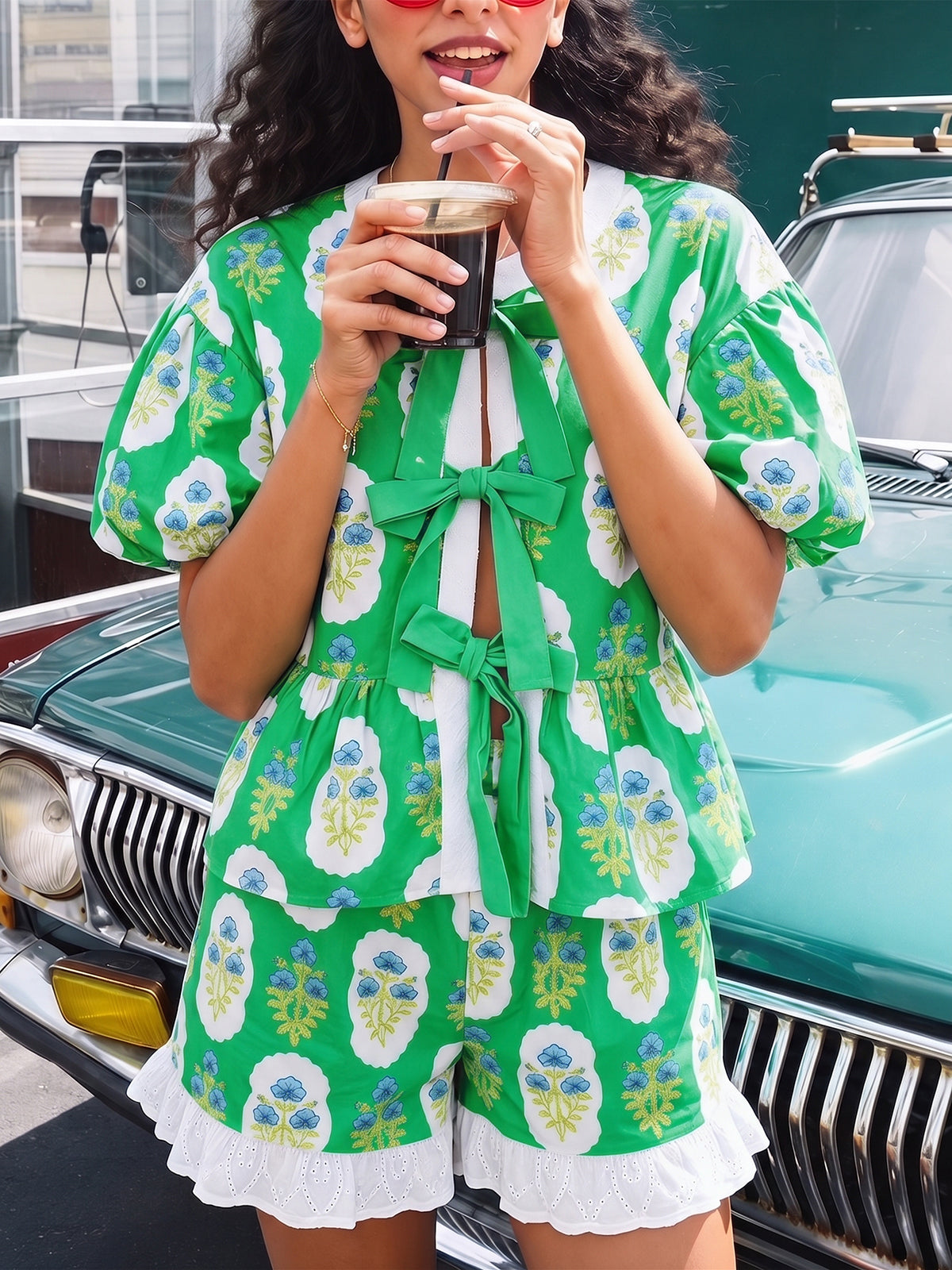 Aoysky Womens Green Floral Ruffle Short Set