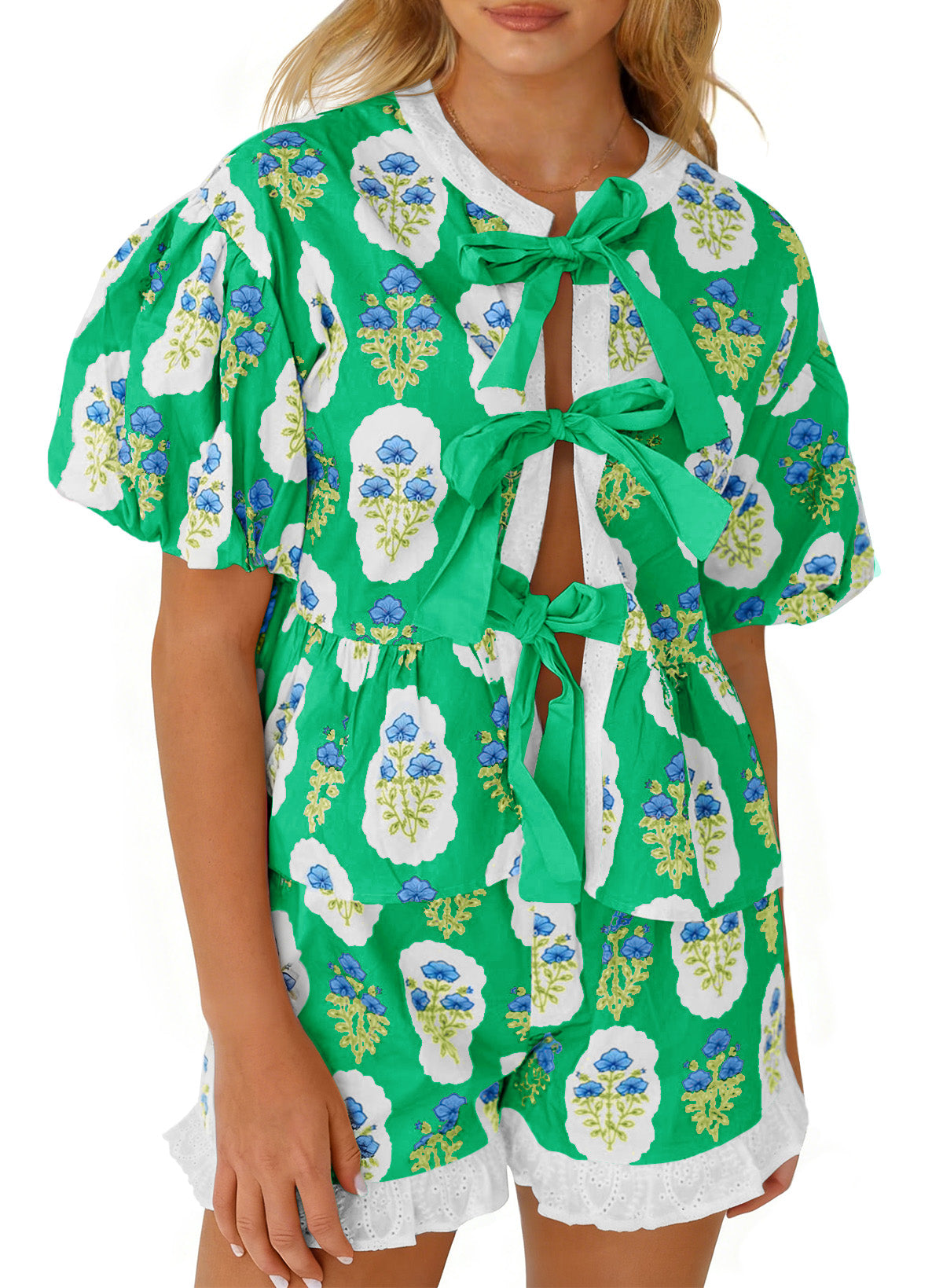 Aoysky Womens Green Floral Ruffle Short Set