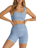 Aoysky Womens Dark Blue Gingham Workout Set