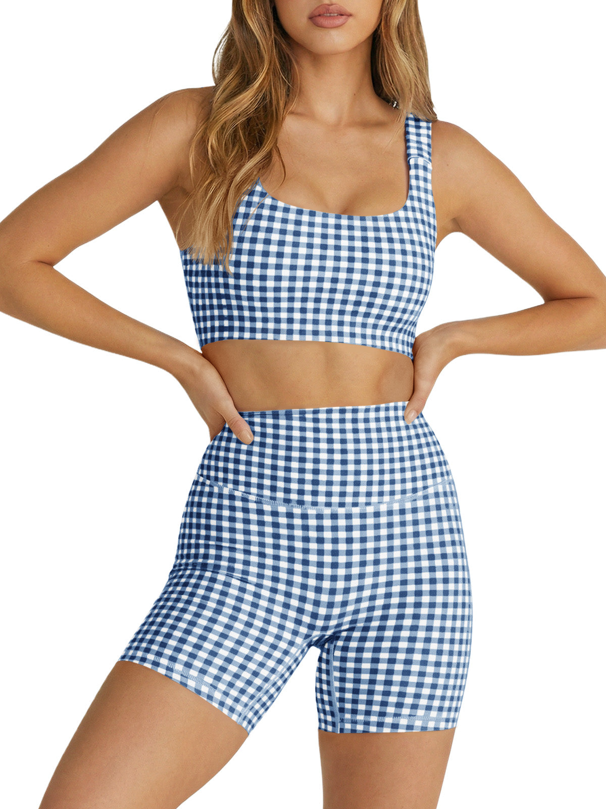 Aoysky Womens Dark Blue Gingham Workout Set