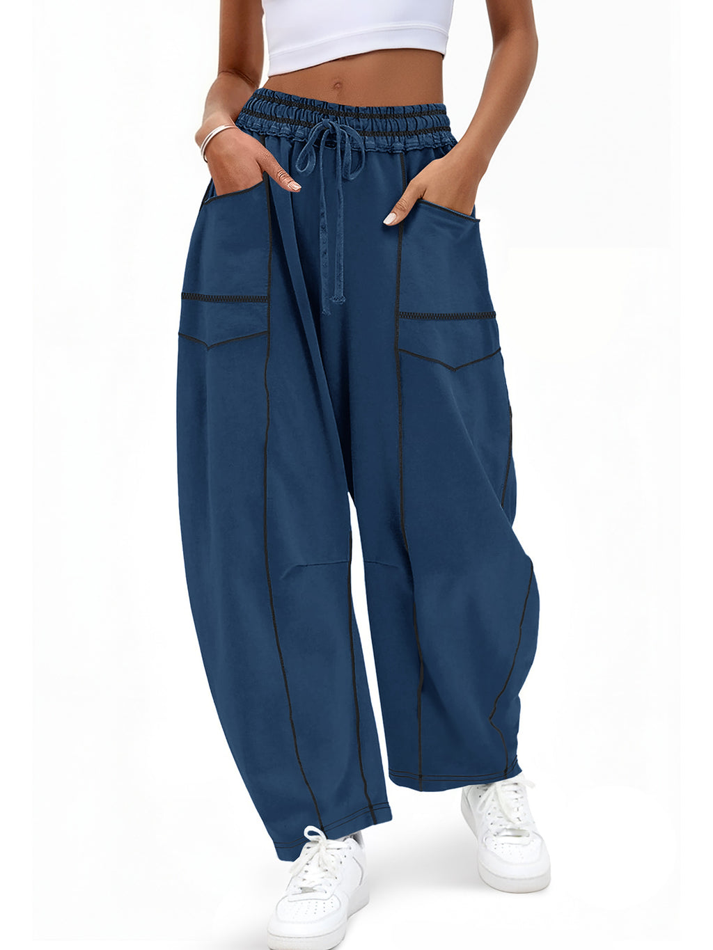 Aoysky Womens Dark Blue Wide Leg Barrel Pants