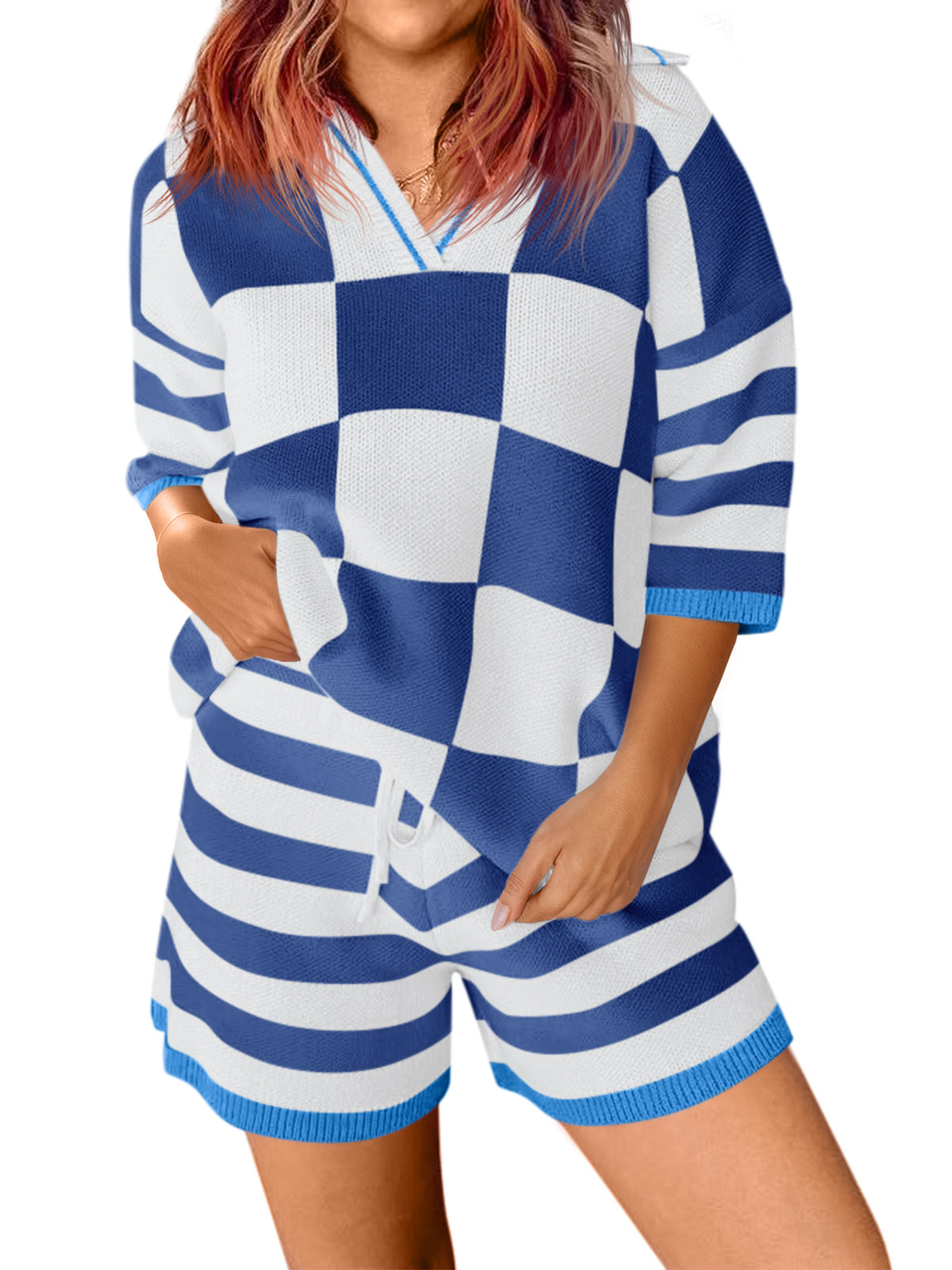 Aoysky Womens Dark Blue Striped Knit Short Set