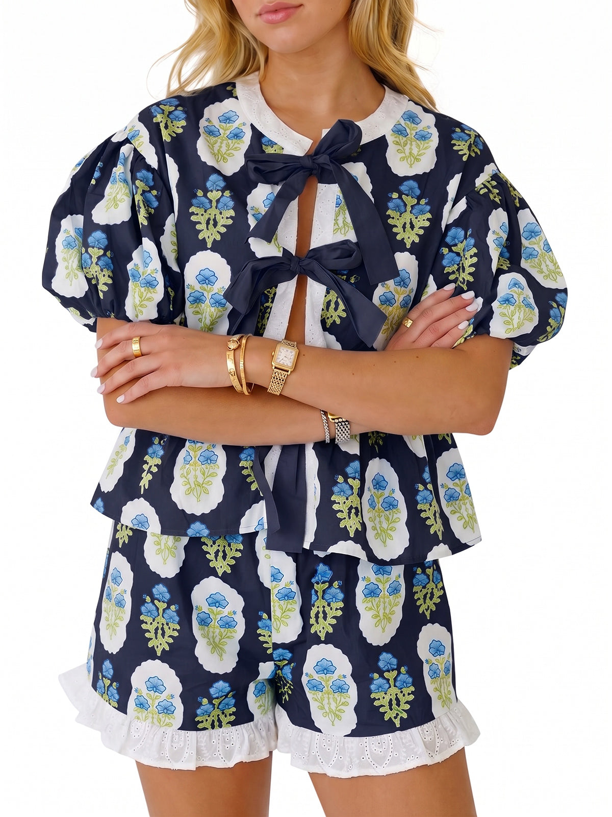 Aoysky Womens Dark Blue Floral Ruffle Short Set