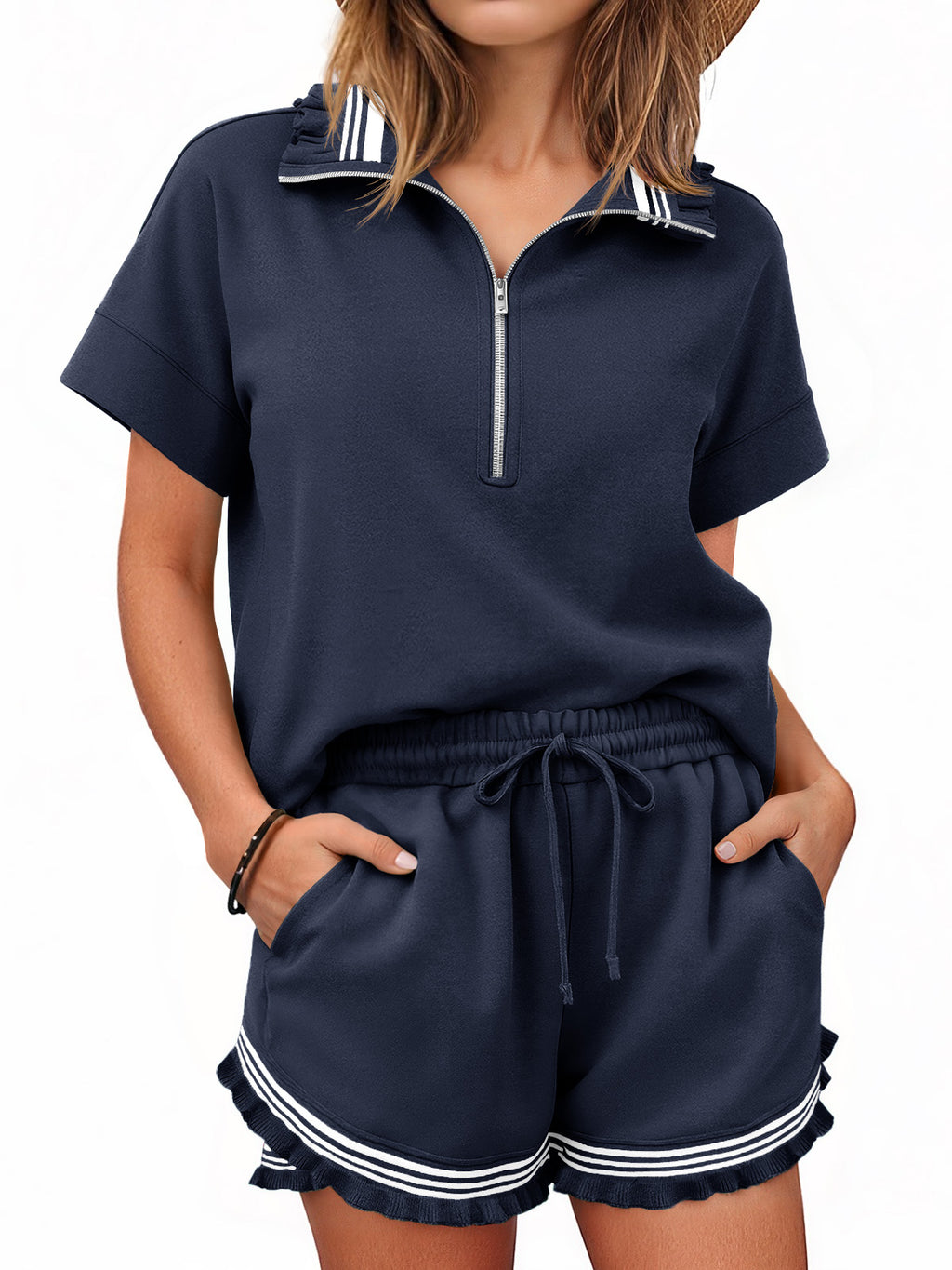 Aoysky Womens Dark Blue Ruffle Short Set