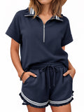 Aoysky Womens Dark Blue Ruffle Short Set