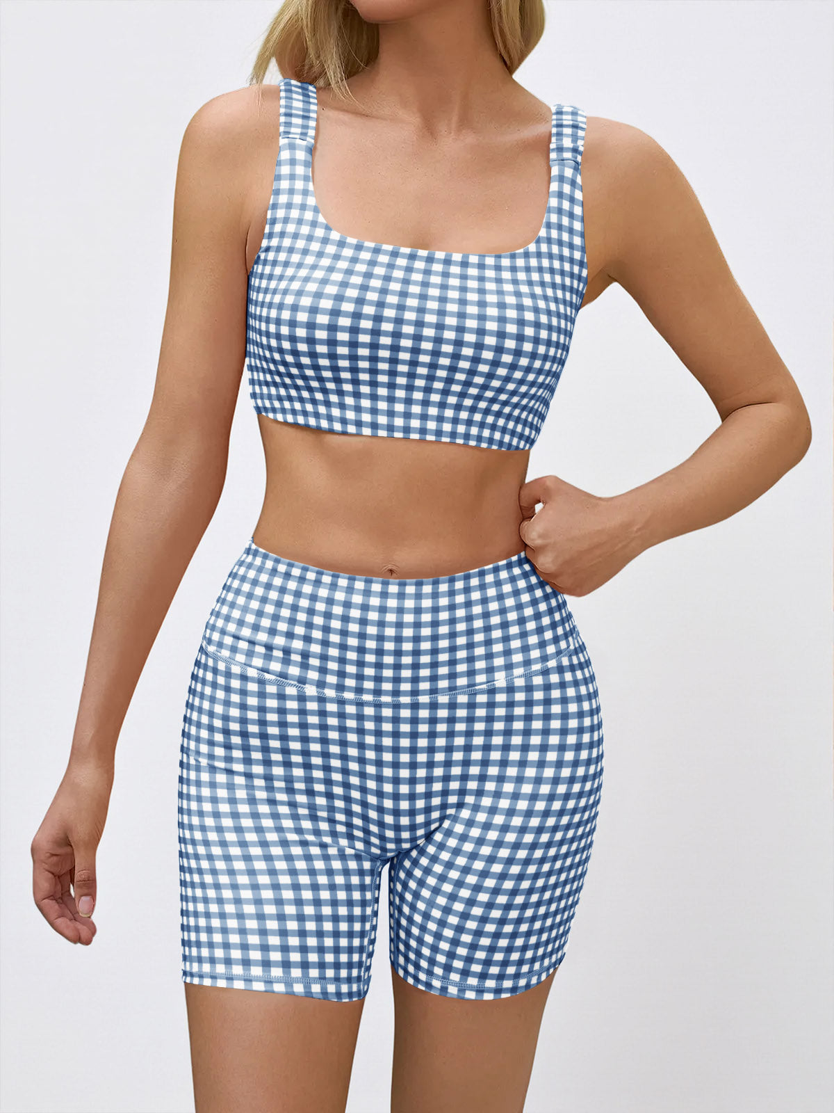 Aoysky Womens Dark Blue Gingham Workout Set