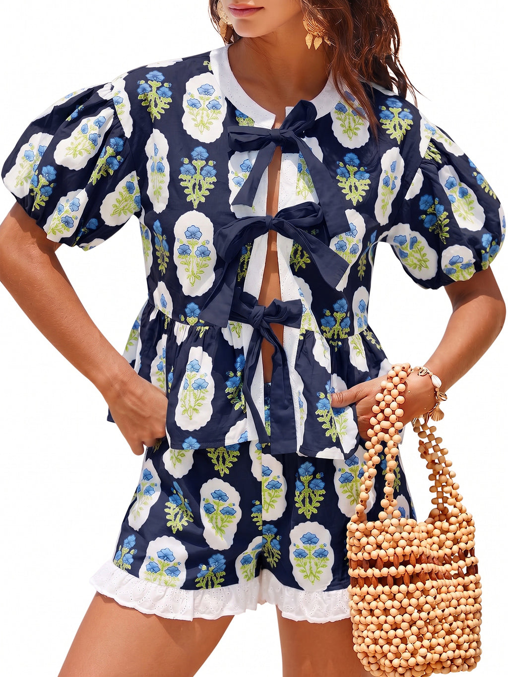 Aoysky Womens Dark Blue Floral Ruffle Short Set