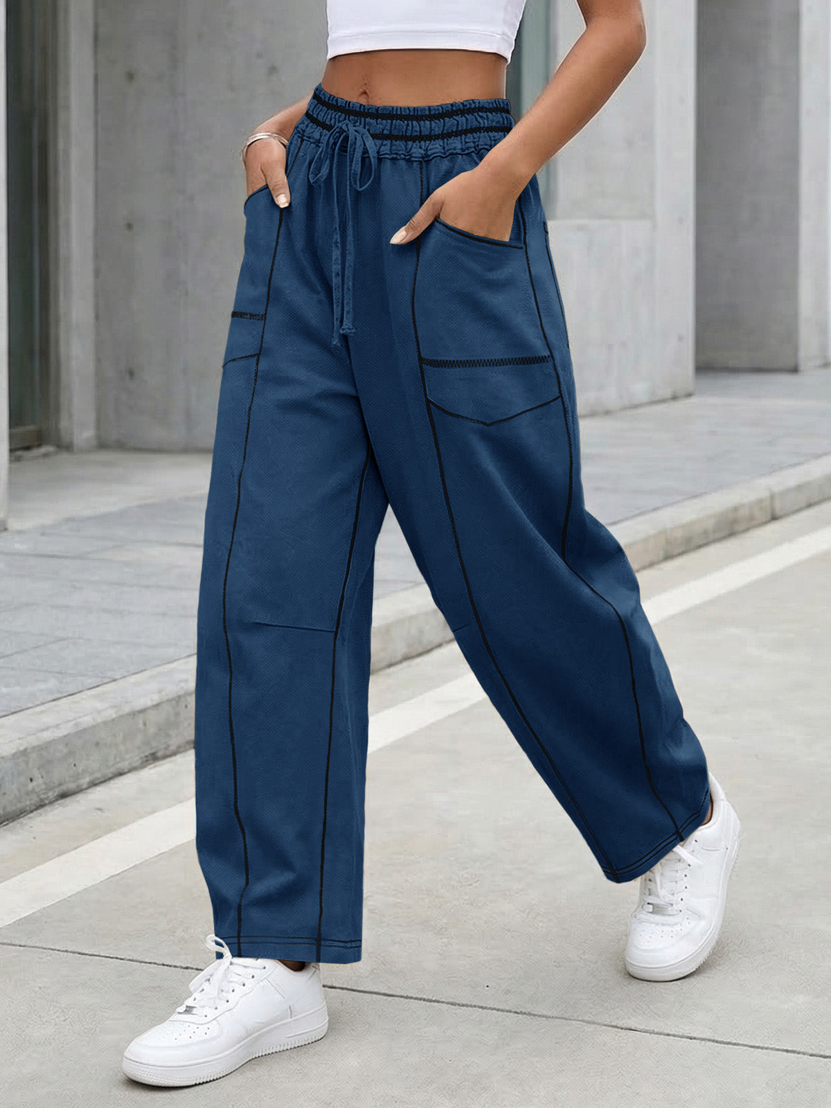 Aoysky Womens Dark Blue Wide Leg Barrel Pants