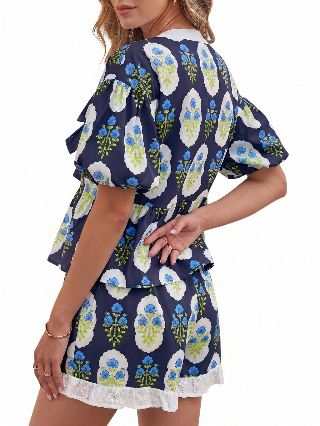 Aoysky Womens Dark Blue Floral Ruffle Short Set