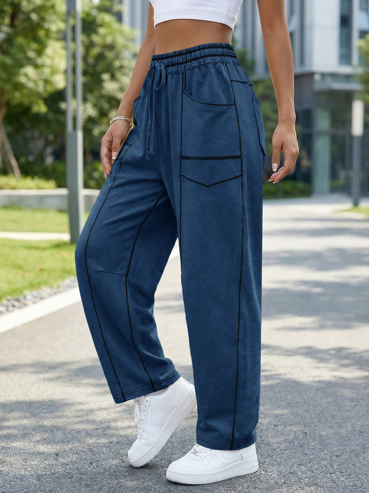 Aoysky Womens Dark Blue Wide Leg Barrel Pants