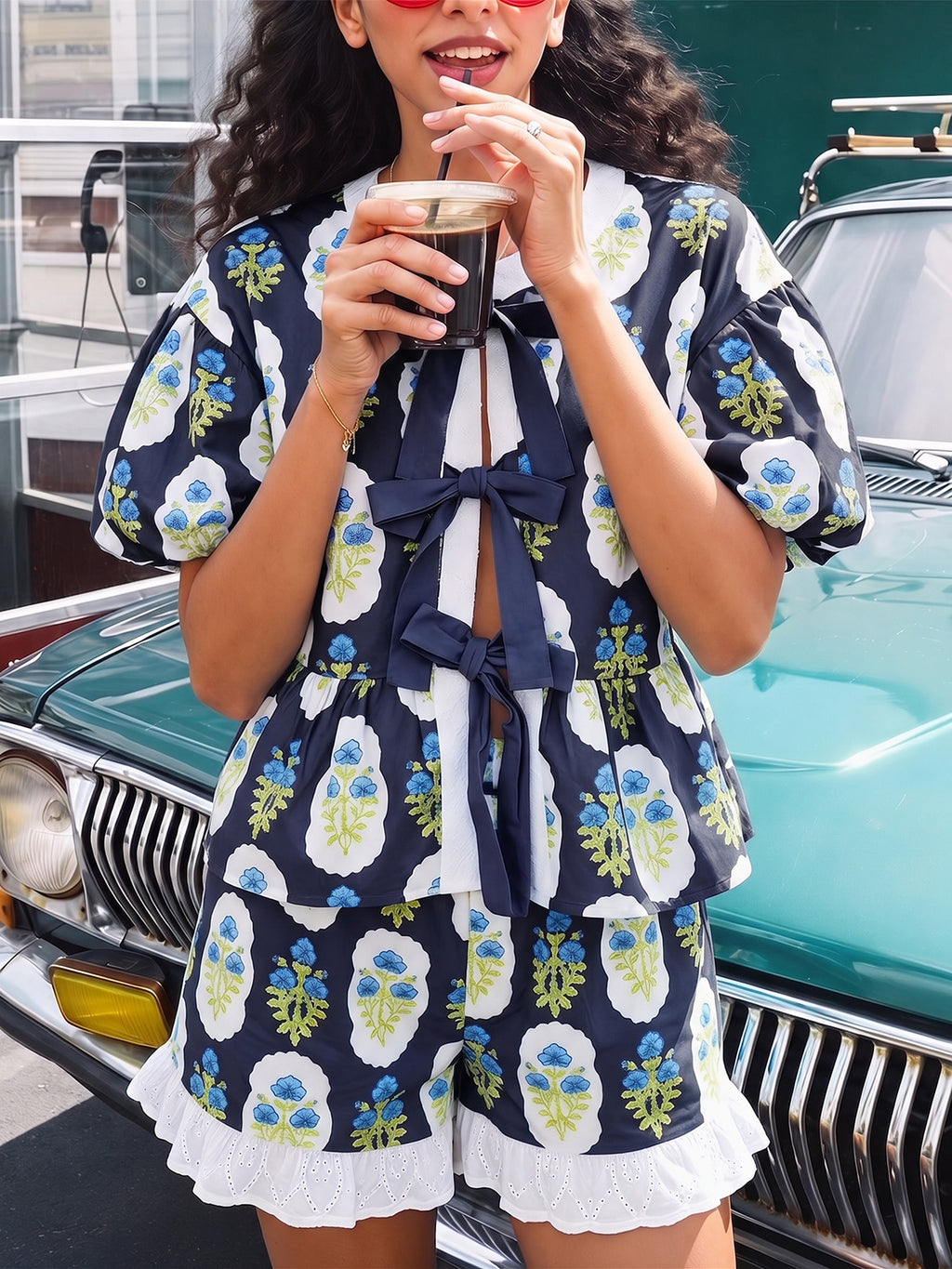 Aoysky Womens Dark Blue Floral Ruffle Short Set