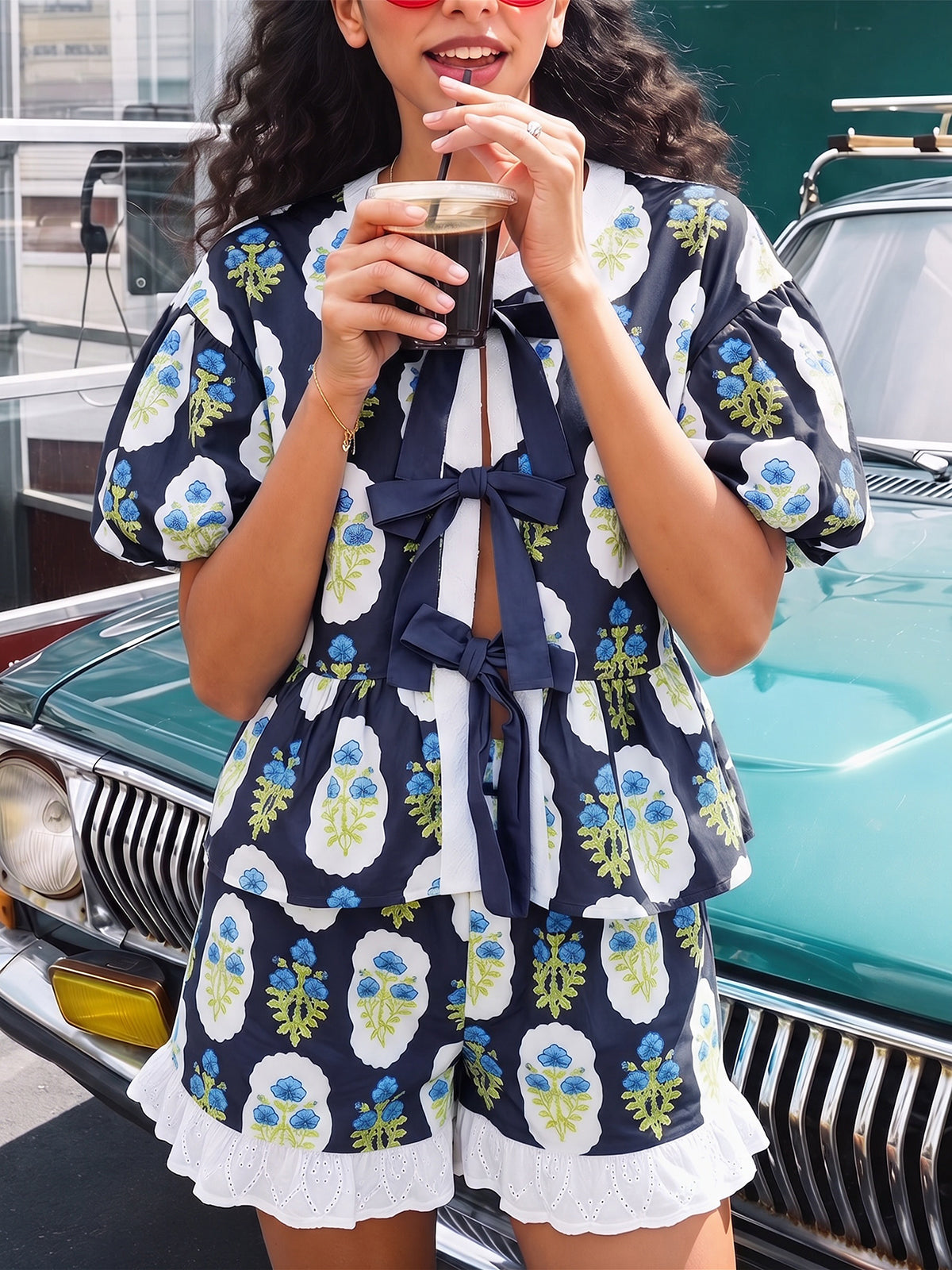 Aoysky Womens Dark Blue Floral Ruffle Short Set