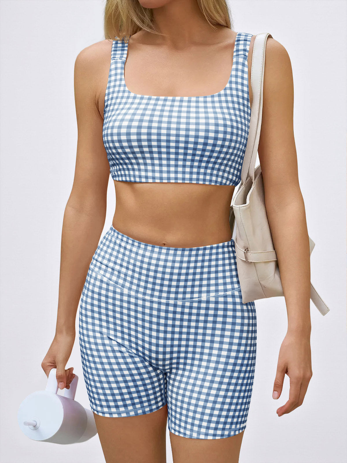 Aoysky Womens Dark Blue Gingham Workout Set