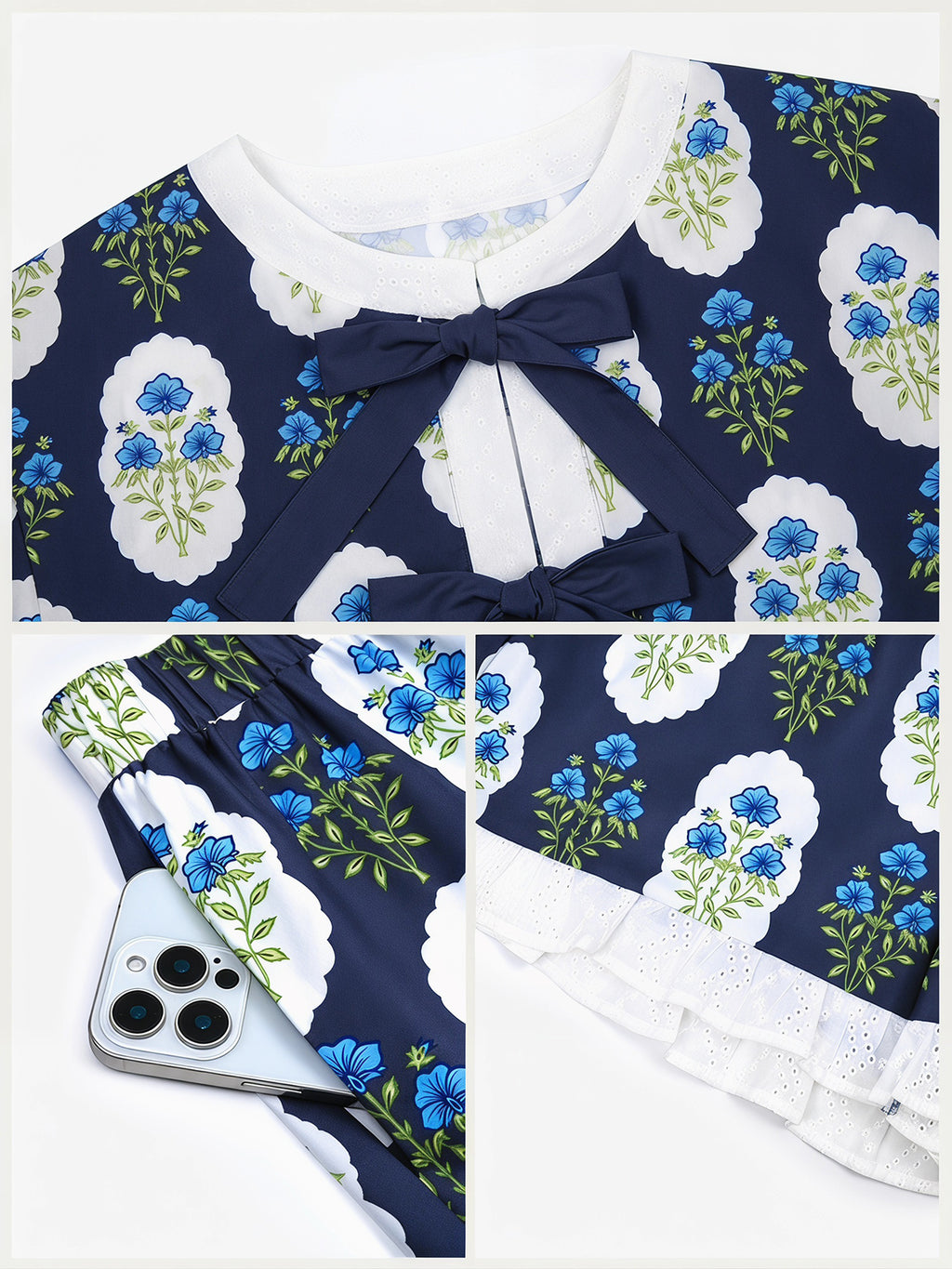 Aoysky Womens Dark Blue Floral Ruffle Short Set