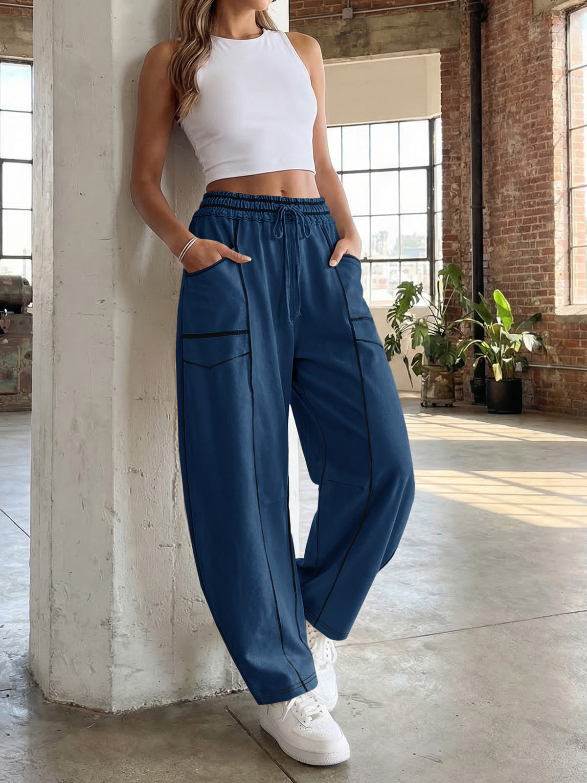 Aoysky Womens Dark Blue Wide Leg Barrel Pants