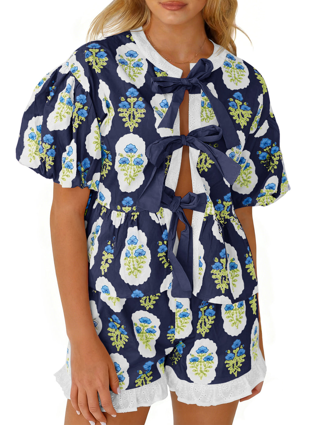 Aoysky Womens Dark Blue Floral Ruffle Short Set